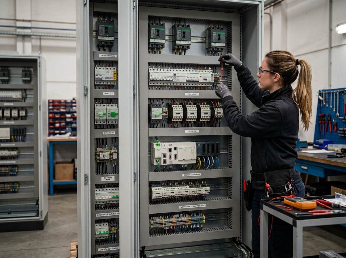 Técnica trabajando en un cuadro eléctrico de control abierto, con PLC y módulos de automatización